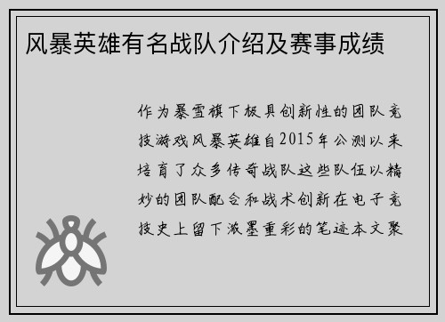 风暴英雄有名战队介绍及赛事成绩